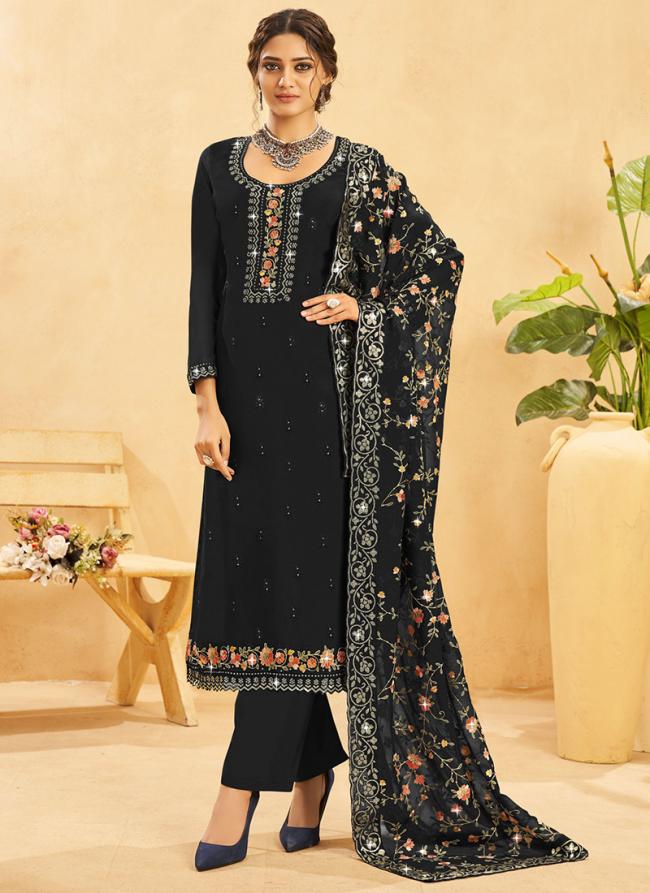 Organza Silk Black Traditional Wear Embroidery Work Palazzo Suit